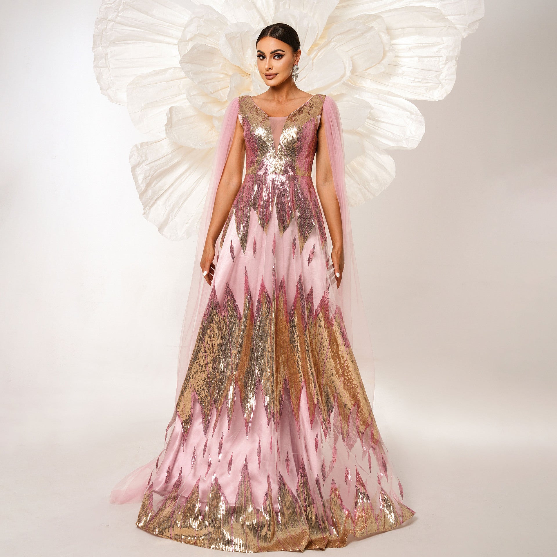 Mesh Long Sleeve V-neck Sequins Large Swing Evening Dress - kinko