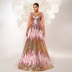 Mesh Long Sleeve V-neck Sequins Large Swing Evening Dress - kinko