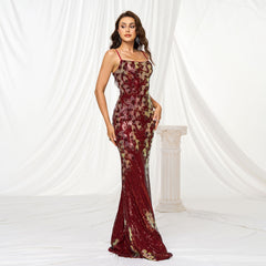 Sling Off-neck Sheath Sequined Banquet Fishtail Evening Dress - kinko