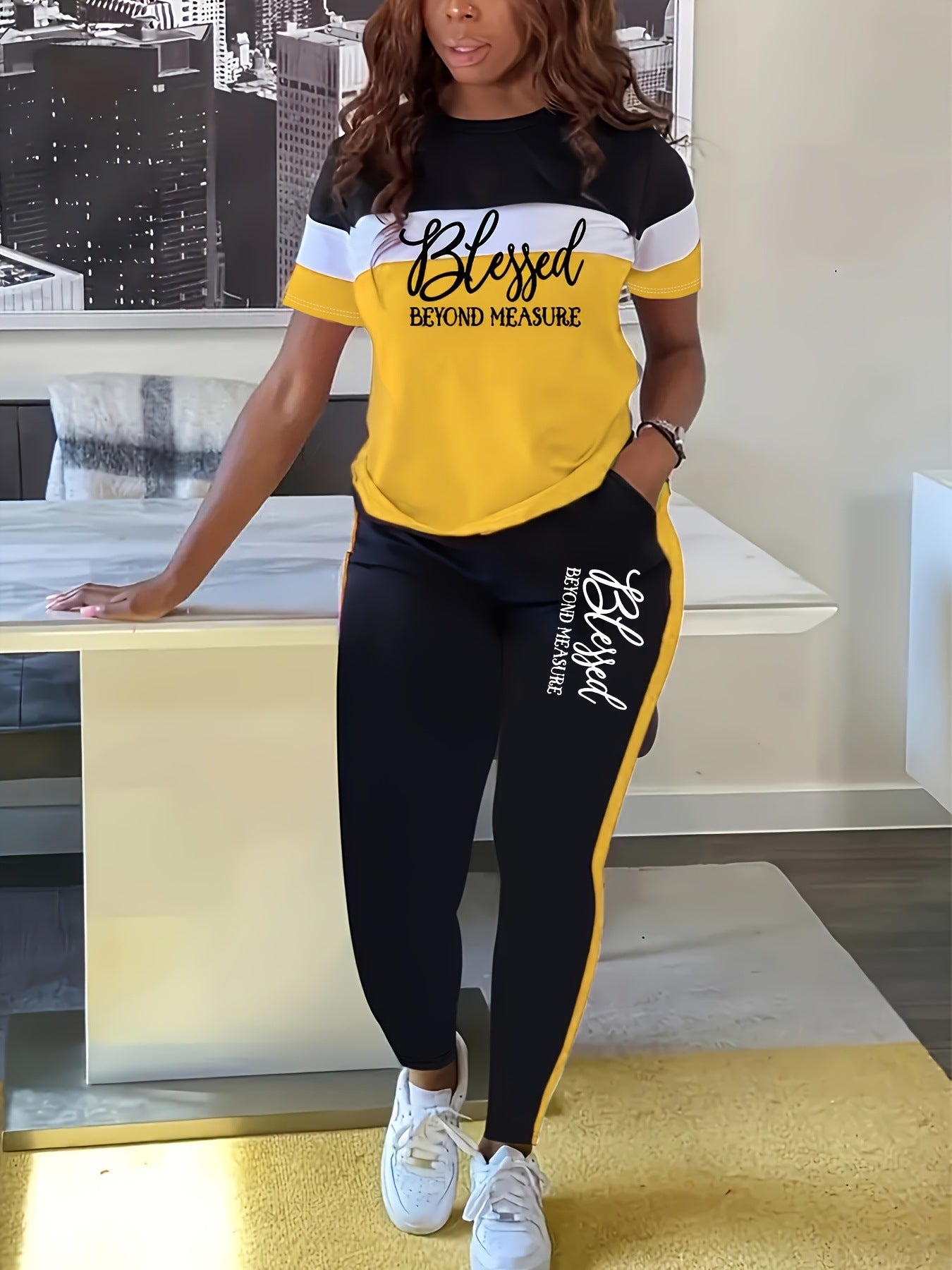 Contrast Color Striped Short Sleeve With Wide Leg Pants Suit - kinko