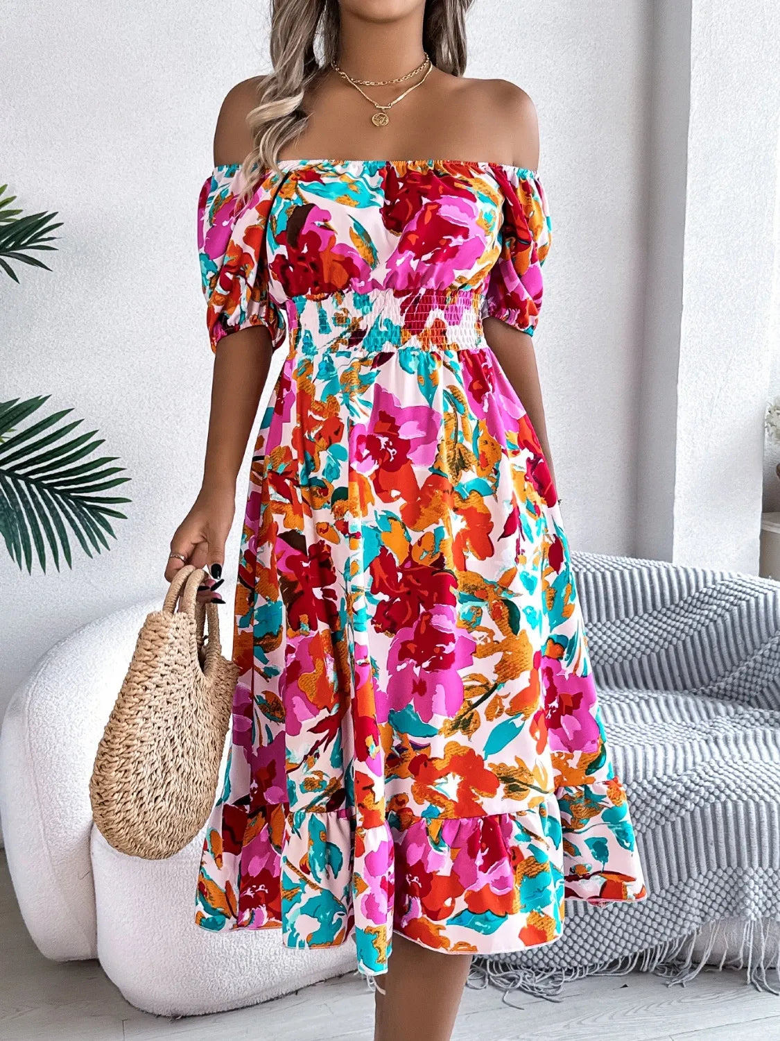 Ruffled Hem Smocked Floral Short Sleeve Midi Dress - kinko