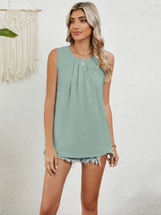 Round Neck Sleeveless Top with Pleated Front Detail - kinko