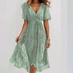 Chiffon Printed Short Sleeve Dress Summer Elegant V-neck Dresses Womens Clothing - kinko