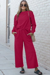 Double Take Full Size Textured Long Sleeve Top and Drawstring Pants Set - kinko