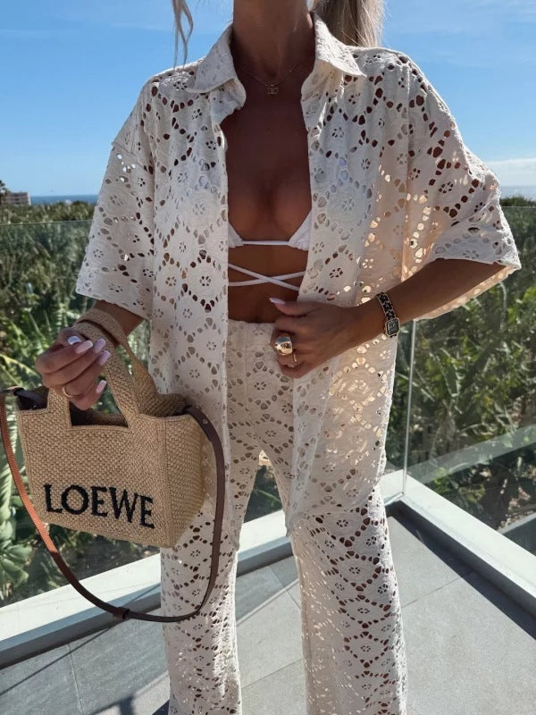 Polo Collar Hollow Lace Short Sleeve Top And Trousers Suit - kinko