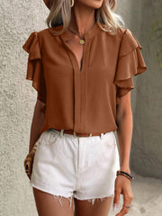 Ruffle Sleeve Notched Blouse - kinko