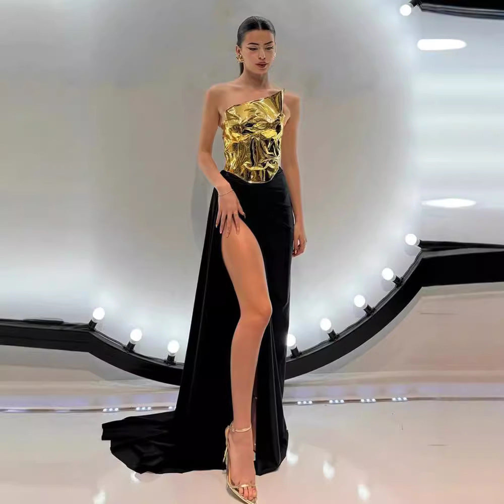 One-shoulder Leather Top Slit Mop Black Dress Two-piece Set Sexy Lacing Backless Light Dress - kinko