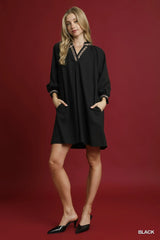 Umgee Notched Shift Dress with Trim Detail - kinko