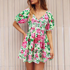 Flowers Print V-Neck Lantern-sleeve Dress Y2K Summer Vacation Beach Short Dresses Fashion Womens Clothing - kinko