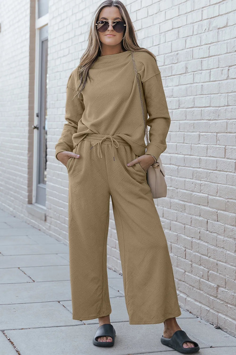 Double Take Full Size Textured Long Sleeve Top and Drawstring Pants Set - kinko
