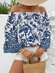 Smocked Printed Off-Shoulder Blouse - kinko