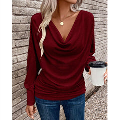 Women's V-neck Pile Collar Solid Color Knitted Long Sleeve Loose T-shirt - kinko