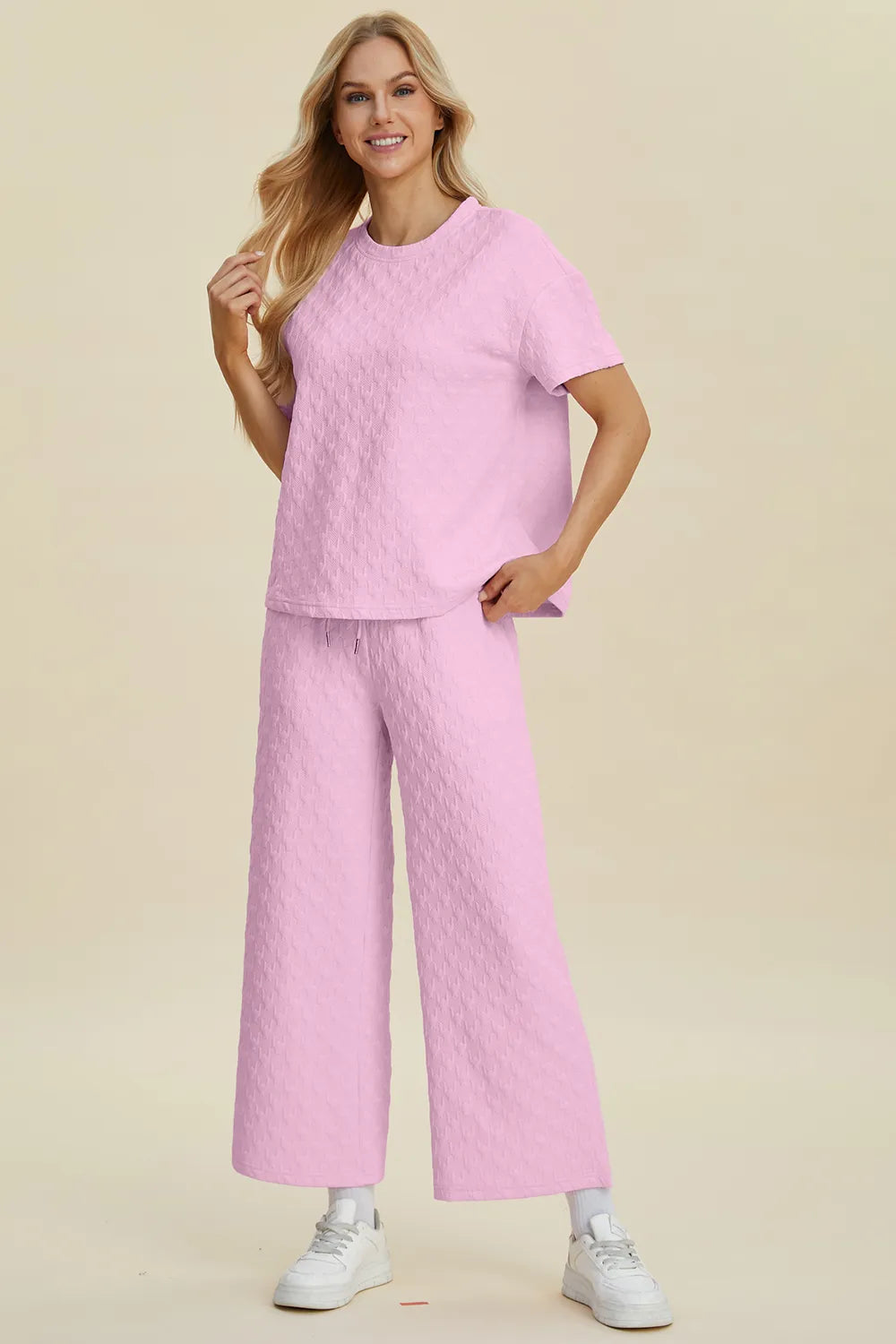 Double Take Full Size Texture Round Neck Short Sleeve Top and Pants Set - kinko
