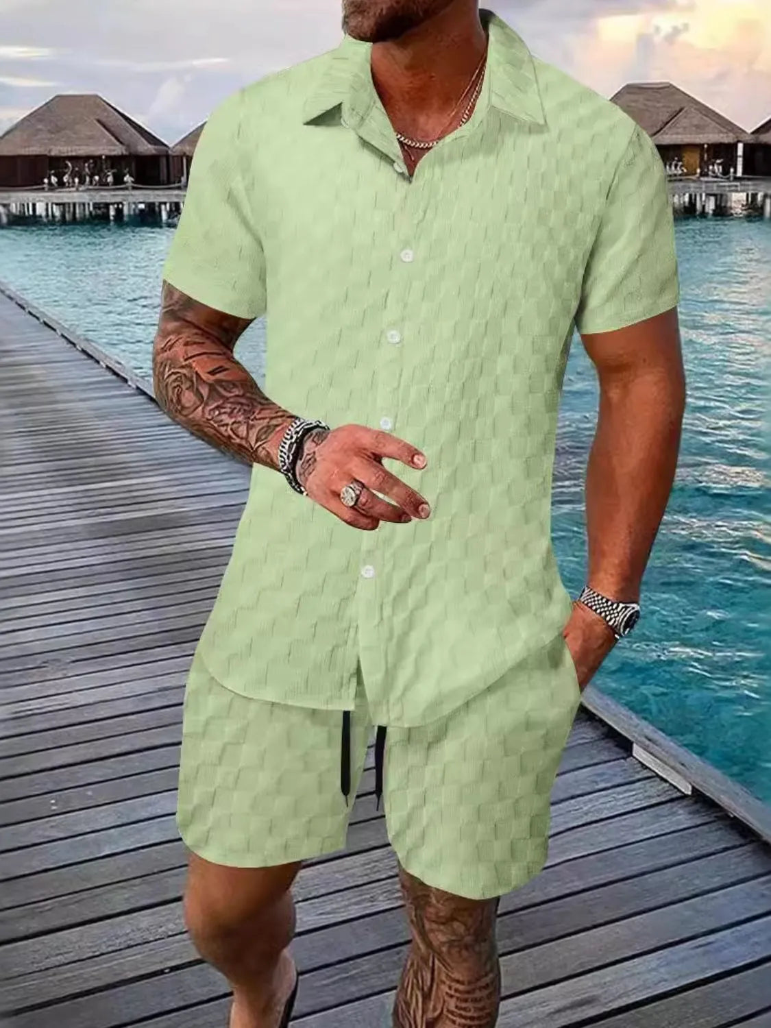 Men's Full Size Collared Neck Short Sleeve Top and Shorts Set Plus Size - kinko
