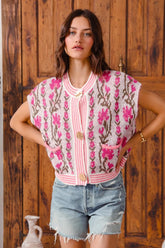 SO ME Button Front Floral and Stripe Knitted Sweater Vest - kinko
