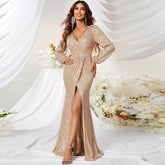Sequined V-neck Long Sleeve High Slit Slim Fishtail Prom Evening Dress - kinko