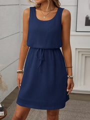 Waffle-Knit Drawstring Mini Tank Dress - kinko