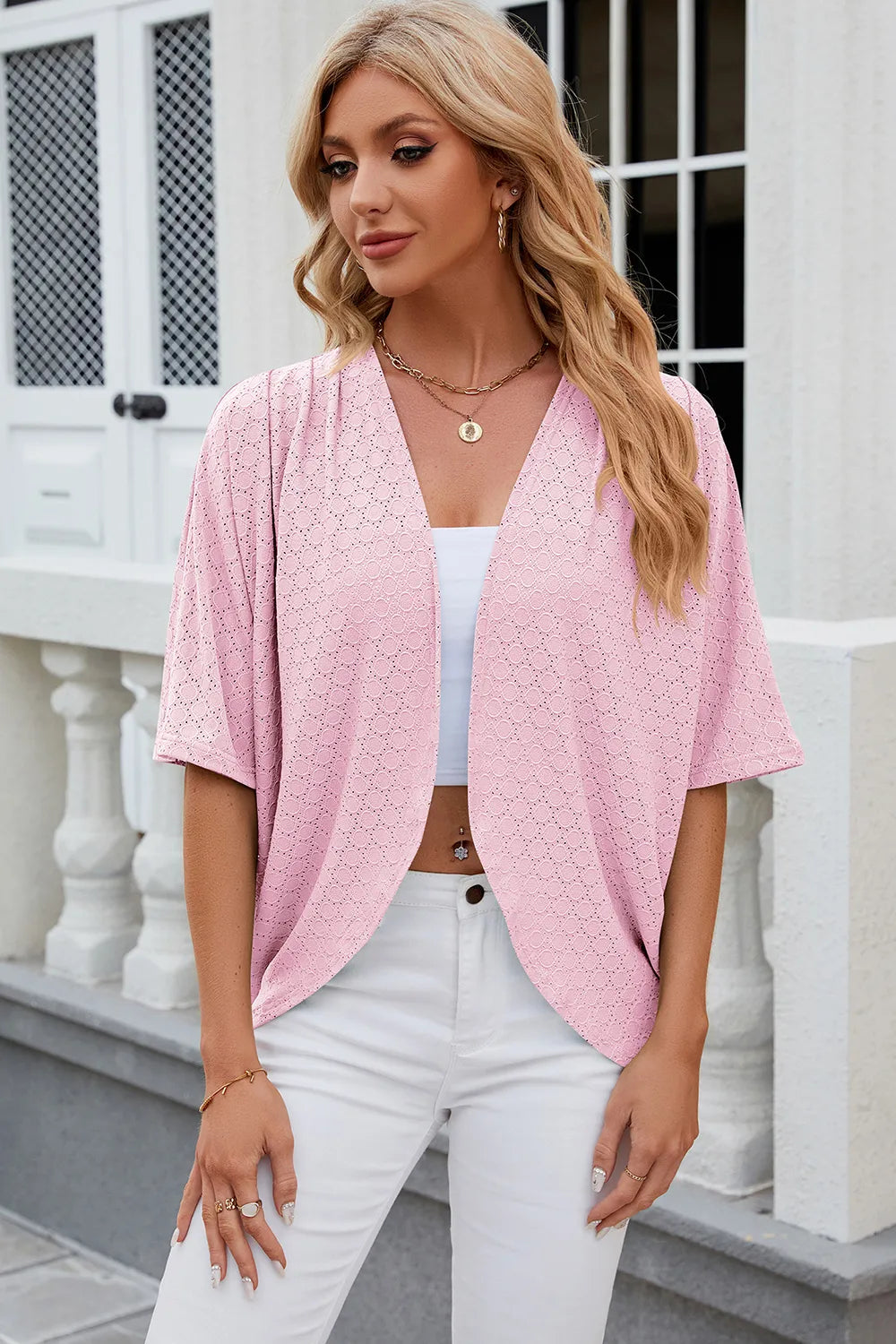 Eyelet Open Front Half Sleeve Cardigan - kinko