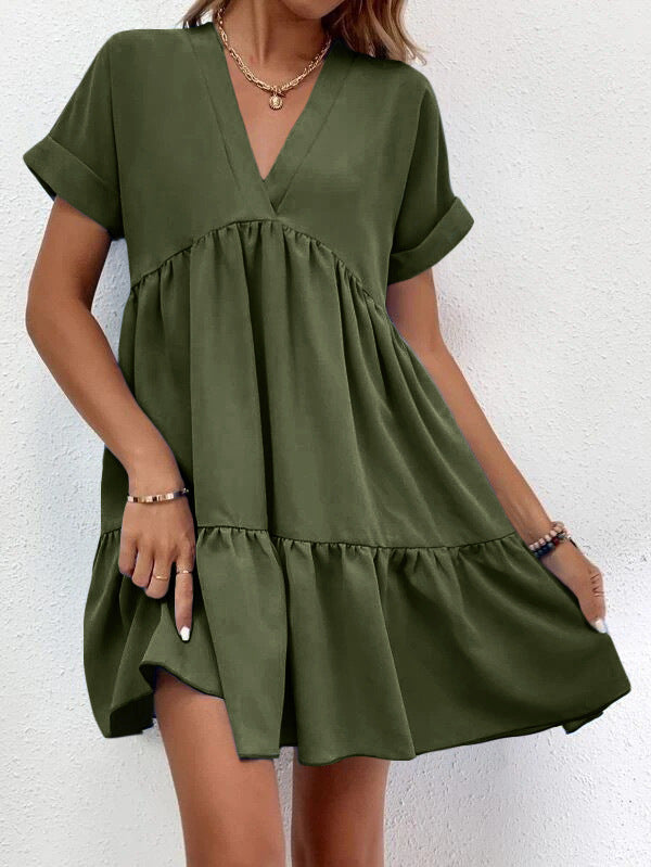 New Short-sleeved V-neck Dress Summer Casual Sweet Ruffled Dresses Solid Color Holiday Beach Dress For Womens Clothing - kinko