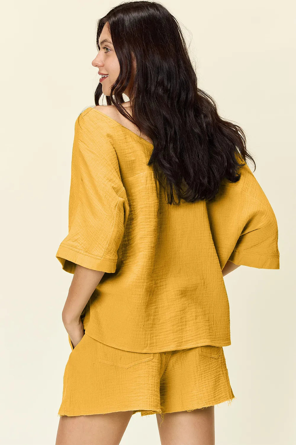 Double Take Texture Half Sleeve T-Shirt and Drawstring Shorts Set - kinko