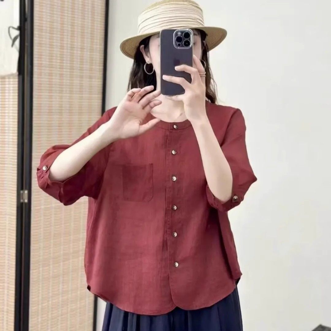 All-matching Western Style Cotton And Linen Short Sleeve Shirt - kinko