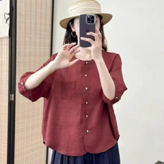 All-matching Western Style Cotton And Linen Short Sleeve Shirt - kinko