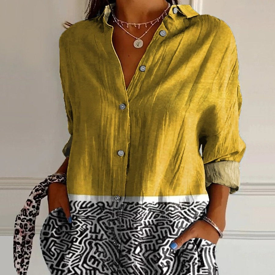 Striped Long-sleeved Shirt Women's Rainbow Cardigan Contrast Color Coat Lapel - kinko