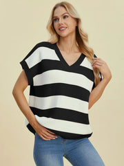 Double Take Full Size Striped V-Neck Short Sleeve Sweater - kinko