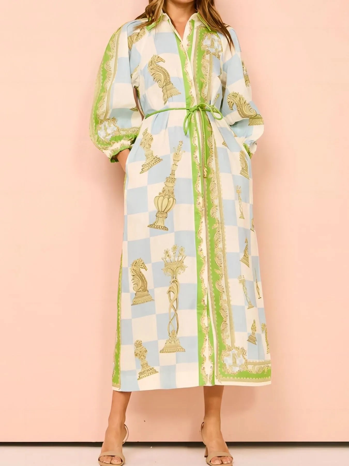 Printed Long Sleeve Longline Shirt Dress - kinko
