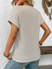 Striped Notched Short Sleeve T-Shirt - kinko