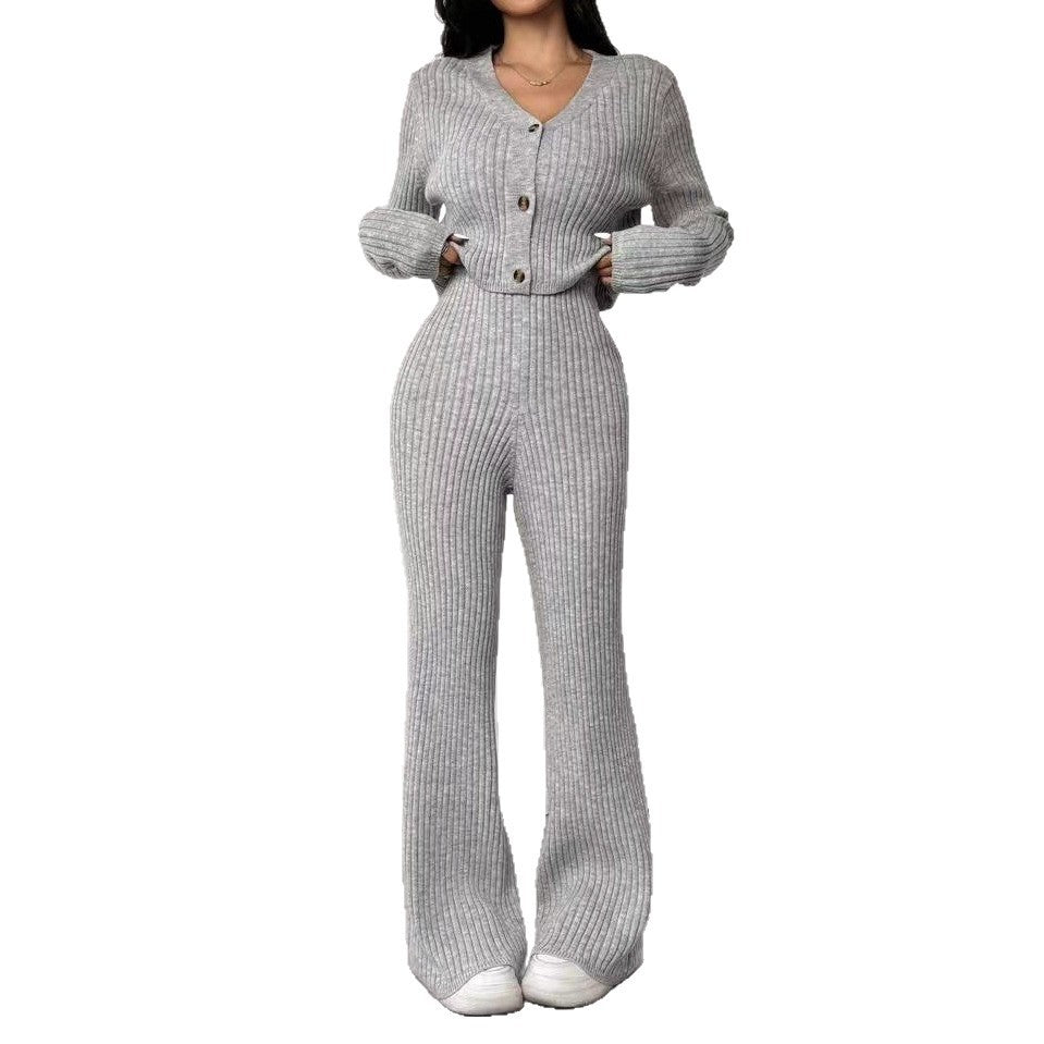 Solid Color Knitted Two-piece Women's V-neck Short Knitted Cardigan Bootcut Trousers Versatile Casual Women's Clothing - kinko