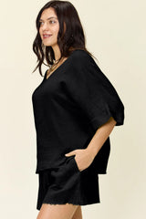 Double Take Texture Half Sleeve T-Shirt and Drawstring Shorts Set - kinko