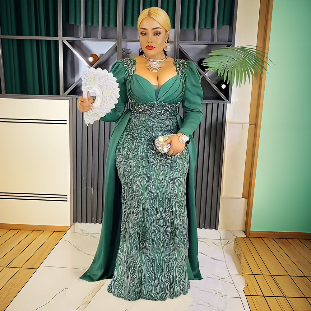 Plus Size Women's Dress V-neck Backless Sequined Evening Dress - kinko