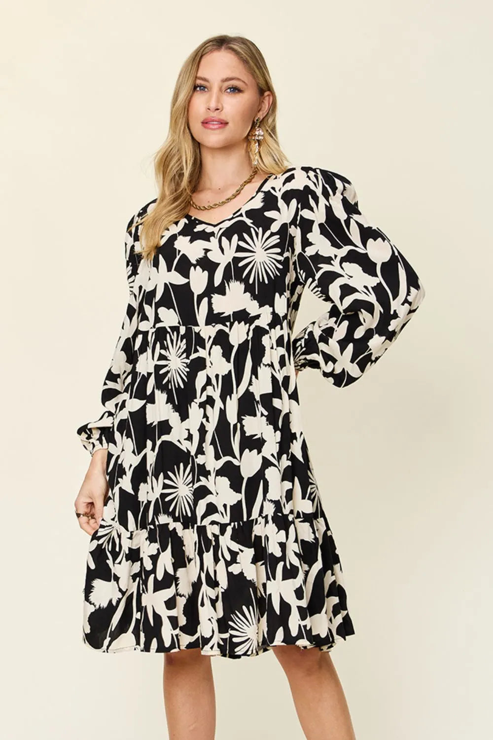 Double Take Full Size Printed Ruffle Hem Dress with Pocket - kinko