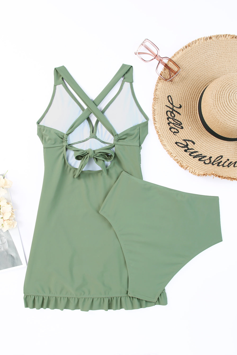 Tie Back Sleeveless Swim Dress and Bottoms Set - kinko