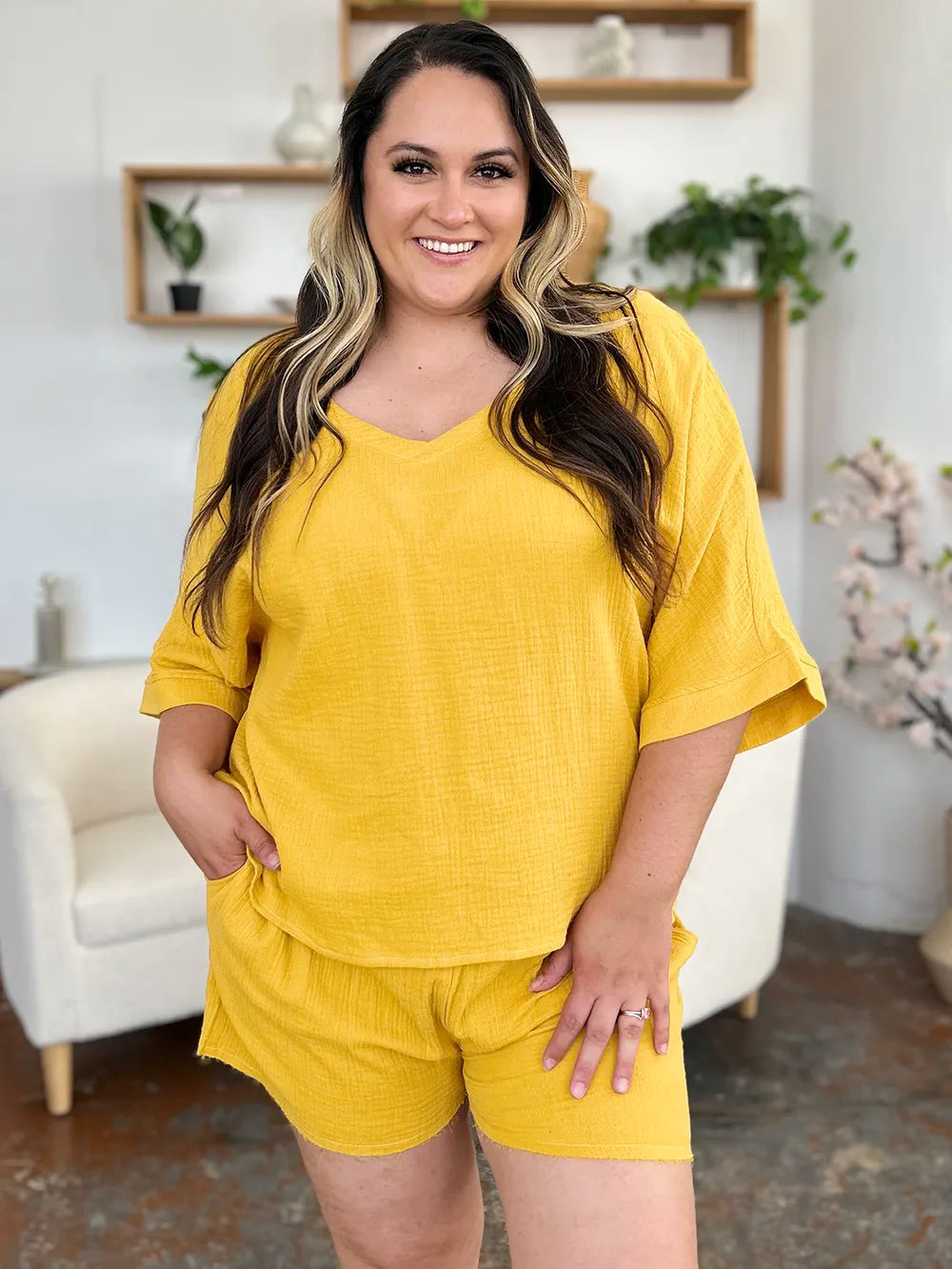 Double Take Texture Half Sleeve T-Shirt and Drawstring Shorts Set - kinko