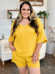 Double Take Texture Half Sleeve T-Shirt and Drawstring Shorts Set - kinko