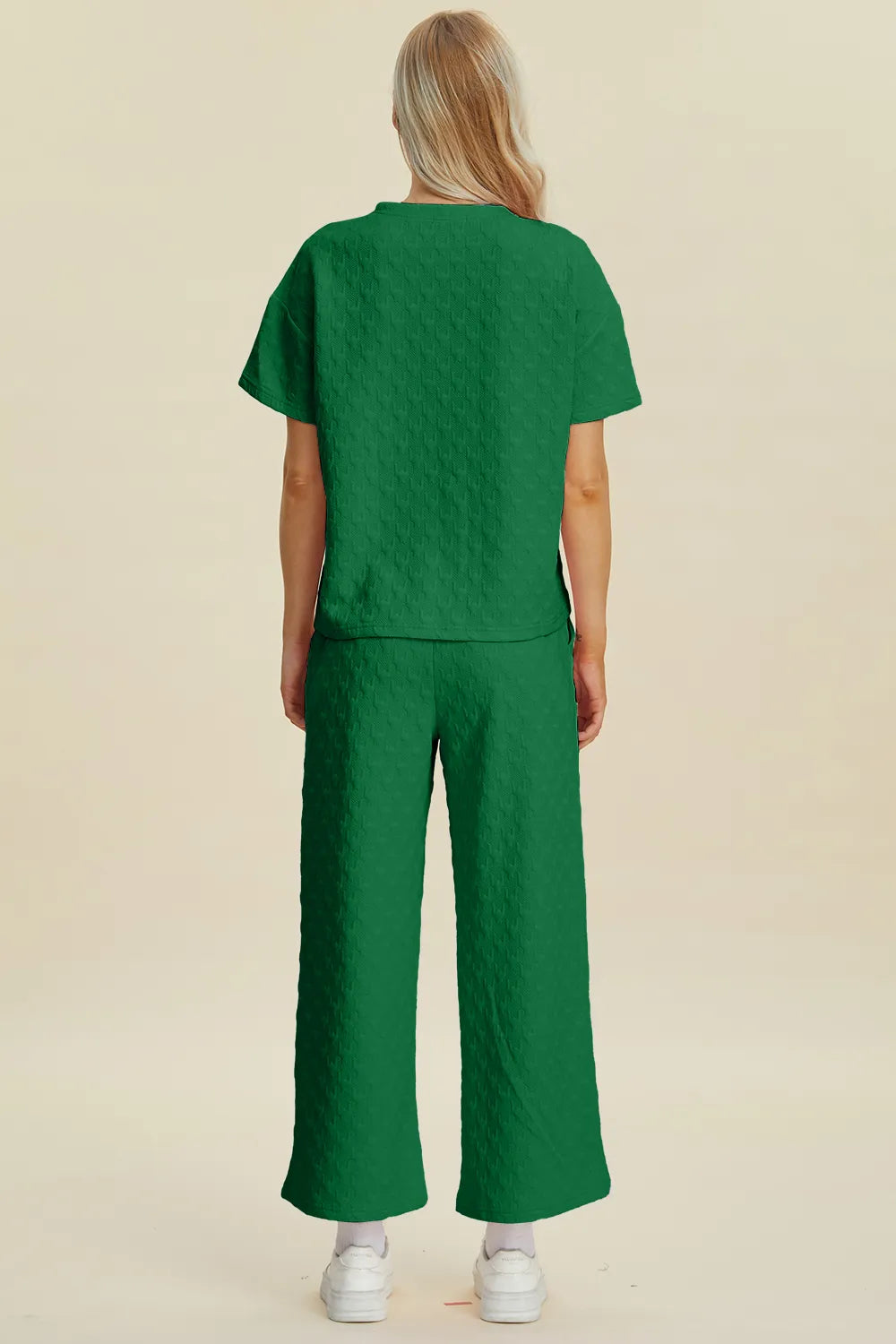 Double Take Full Size Texture Round Neck Short Sleeve Top and Pants Set - kinko