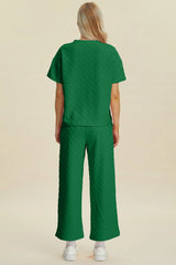 Double Take Full Size Texture Round Neck Short Sleeve Top and Pants Set - kinko
