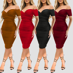 Women's Nightclub Off-shoulder Short Sleeve Dress Sexy Off The Shoulder Midi Dress Ruched Bodycon Dresses - kinko