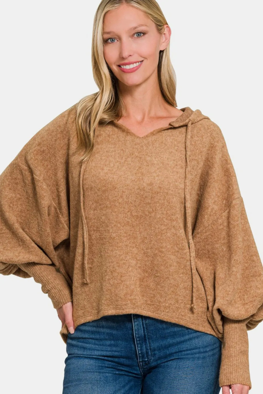 Zenana Brushed Hacci Drop Shoulder Cropped Hoodie - kinko