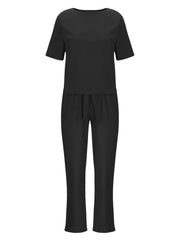 Full Size Round Neck Short Sleeve Top and Pants Set Plus Size - kinko