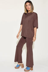 Basic Bae Full Size Bamboo Drop Shoulder T-Shirt and Flare Pants Set - kinko