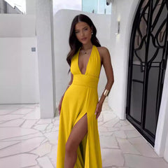 Spring New Women's Style Hanging Neck V-neck Slit Long Solid Color Dress - kinko