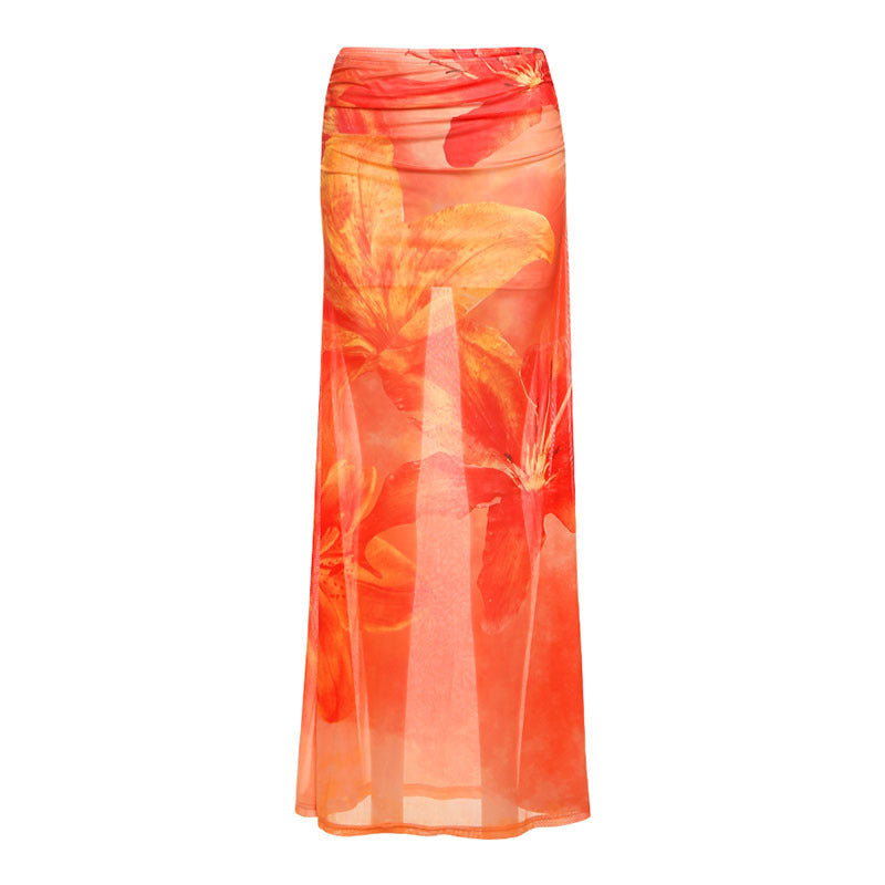 Vacation Style Printed Semi See-through High Waist Slim Skirt - kinko