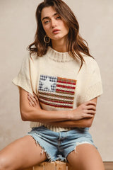 BiBi American Flag Patchwork Drop Shoulder Sweater - kinko