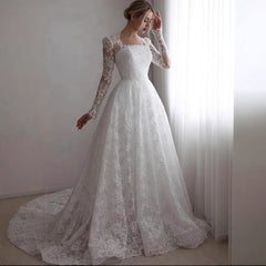 Embroidered Long Sleeve Trailing Wedding Dress - kinko