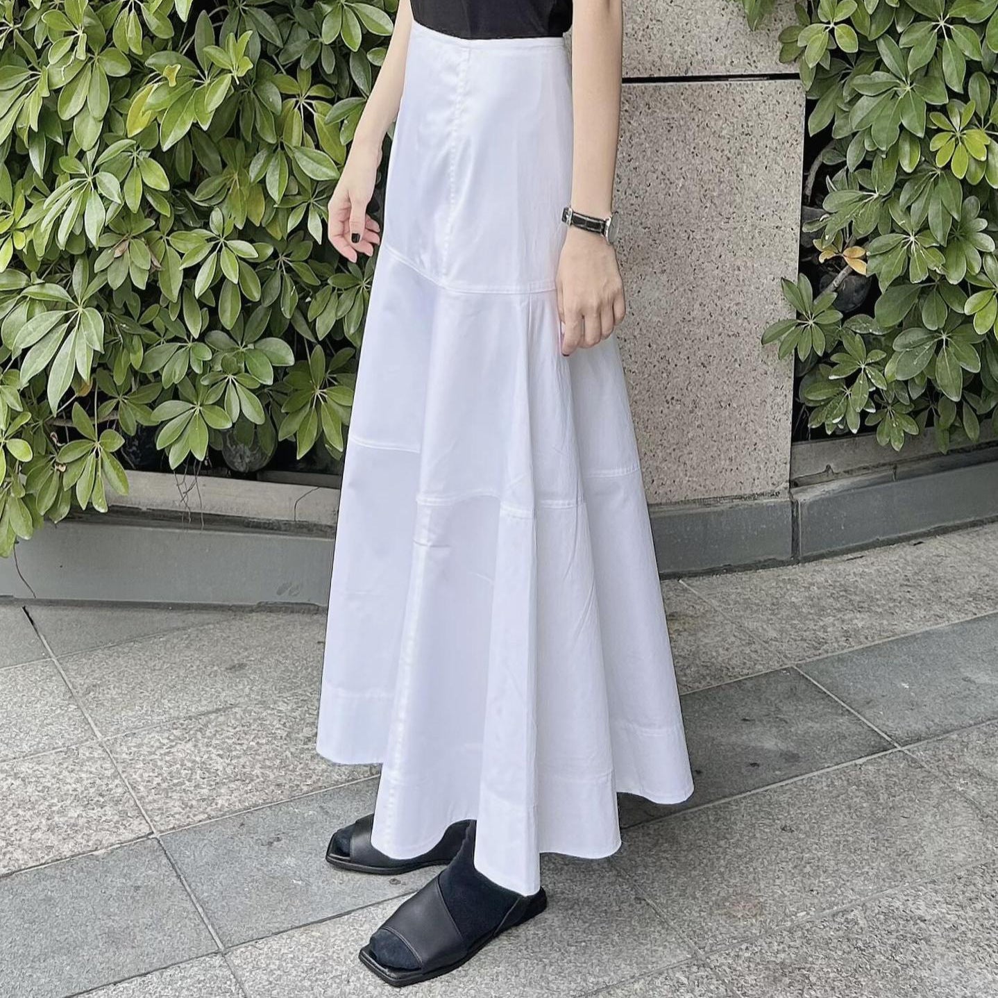 Women's White High Waisted Spliced Cotton Mid Length Skirt - kinko