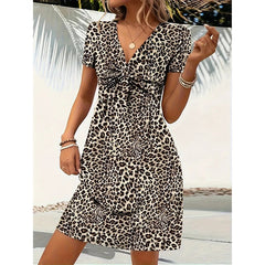 Women's Vibrant Leopard Print Twist Front V Neck Casual Summer Short Sleeve Bodycon Mini Dresses - kinko
