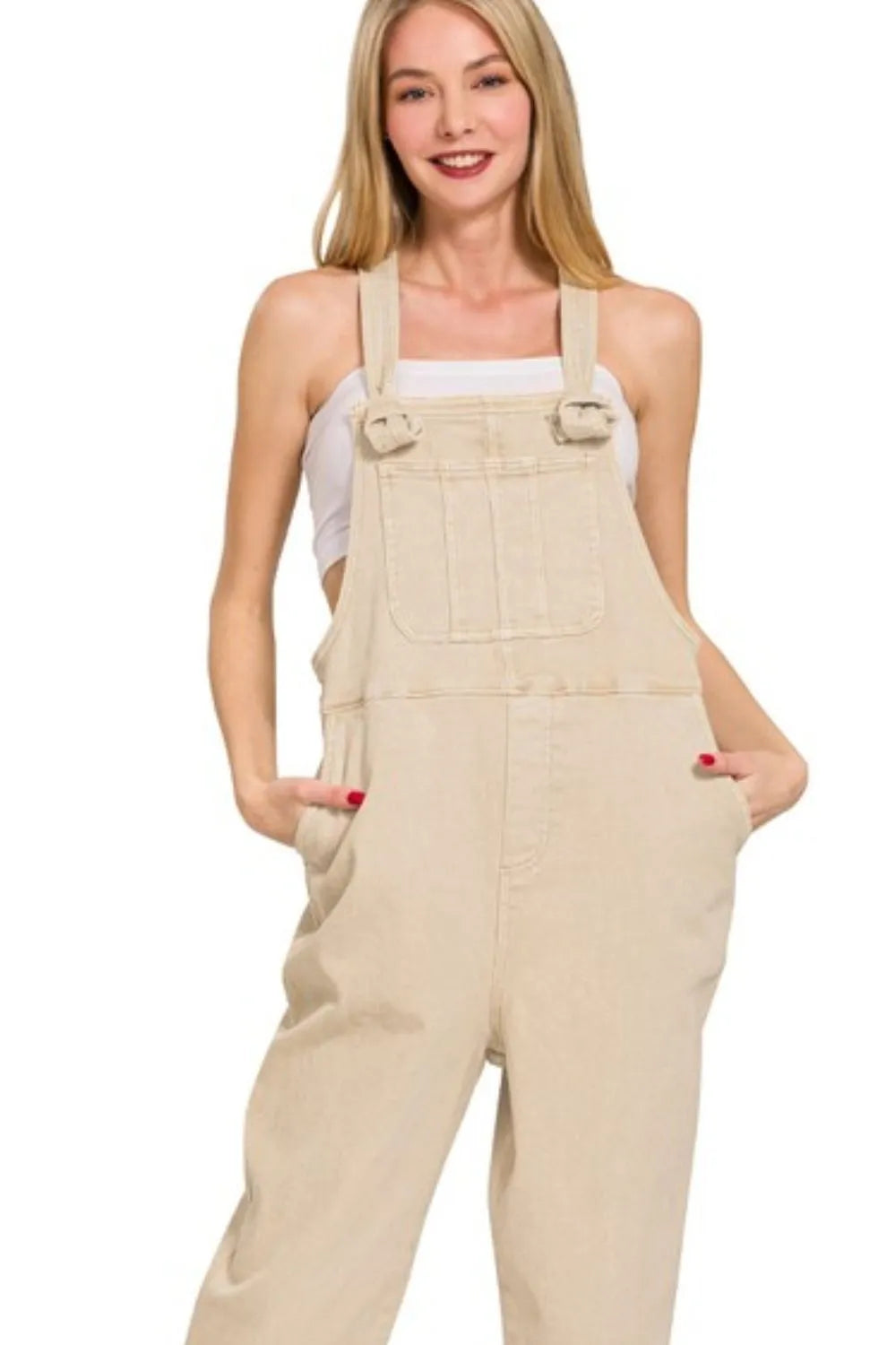 Zenana Washed Knot Strap Relaxed Fit Overalls - kinko